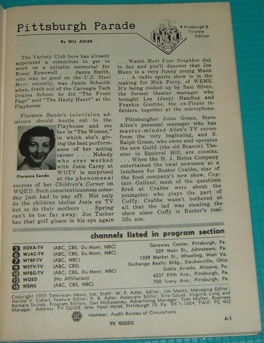 1955 TV GUIDE ARTICLE FLORENCE SANDO WDTV THE CHILDREN S CORNER PITTSBURGH WQED EBay