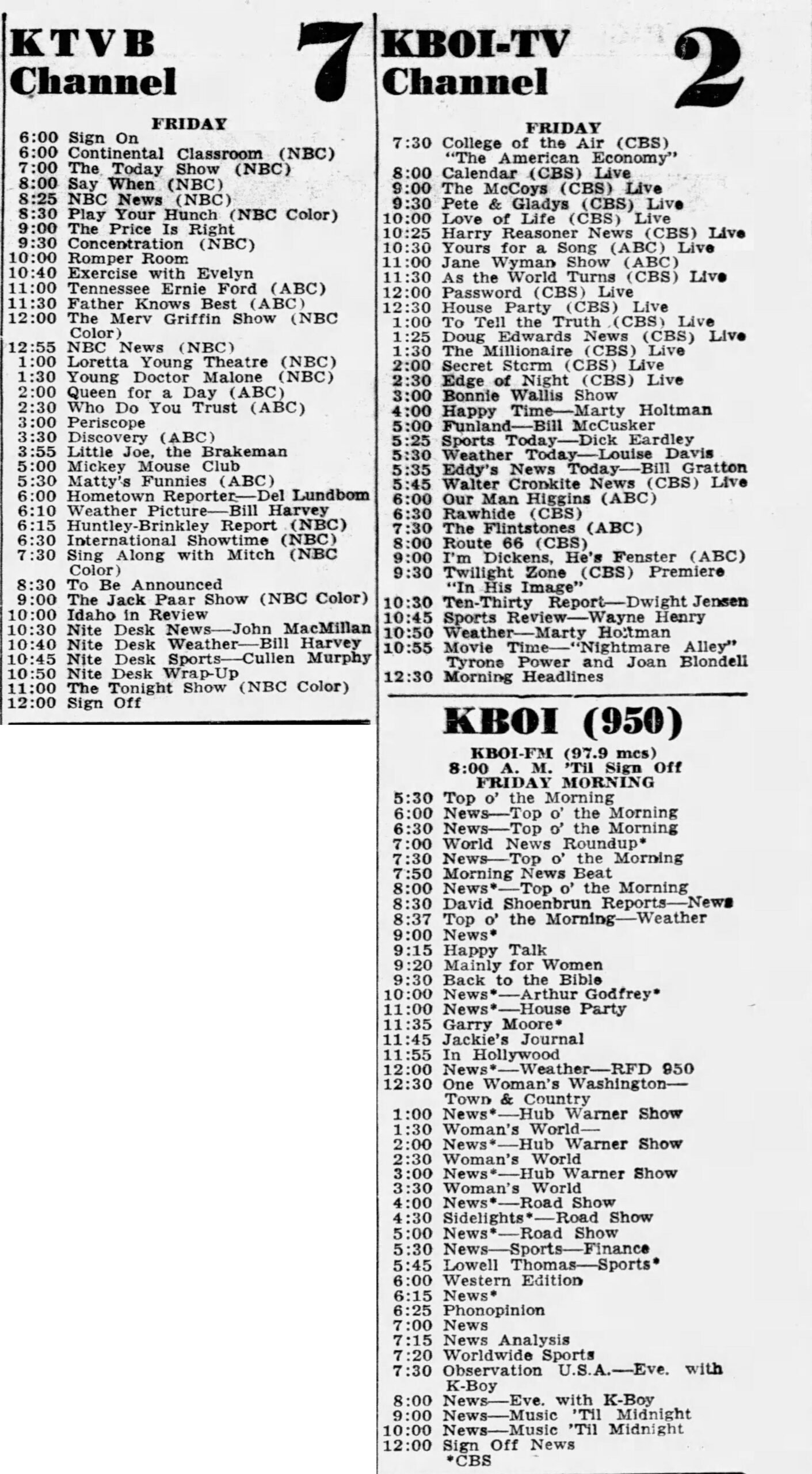 1960 1965 Boise Idaho Daily Statesman Radio TV Listings QZVX Broadcast History News Opinion