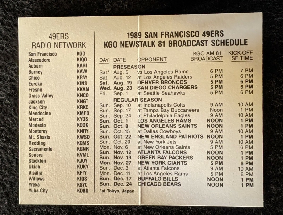 1989 San Francisco 49ers Football Schedule Super Bowl Champions Jerry Rice EBay