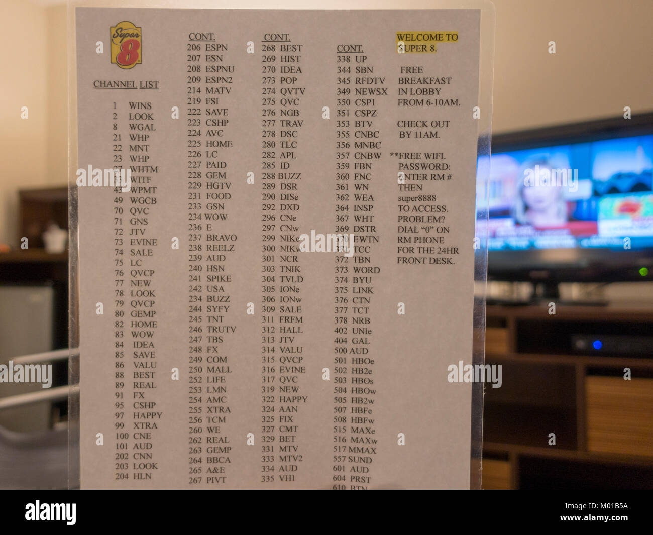 A Typical Printed TV Channel List Provided In An American Hotel Or Motel Super 8 Stock Photo Alamy