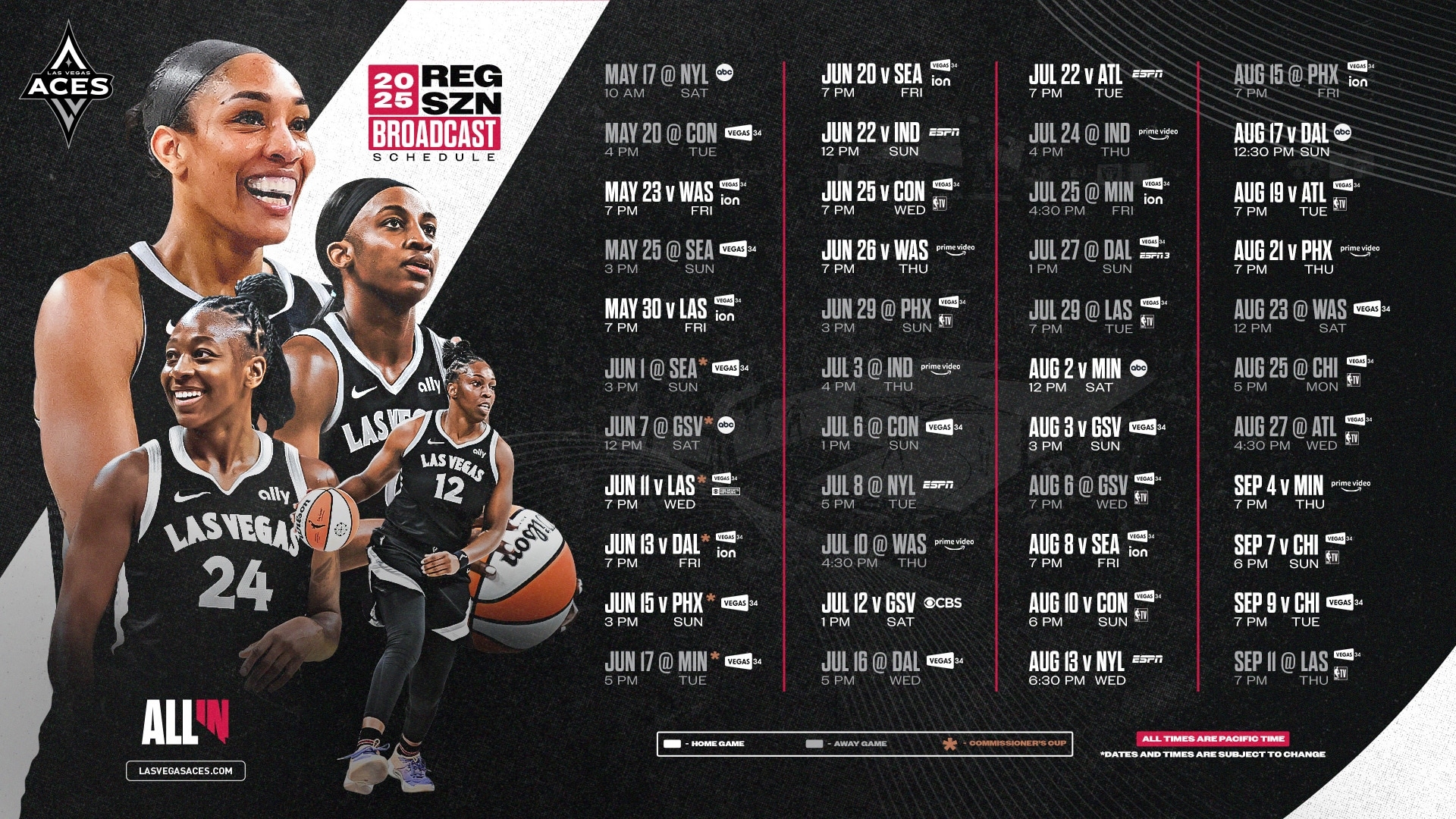 Aces To Have 33 Of 44 Games Broadcast Locally In 2025 WNBA Second Most 33 Contests Across National Networks Aces To Have 33 Of 44 Games Broadcast Locally In 2025 WNBA Second Most 33 Contests Across National Networks