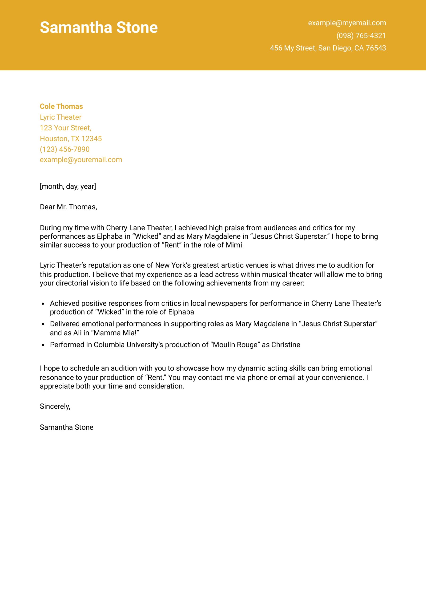 Acting Cover Letter Examples And Templates For 2026 ResumeBuilder Acting Cover Letter Examples And Templates For 2026 ResumeBuilder