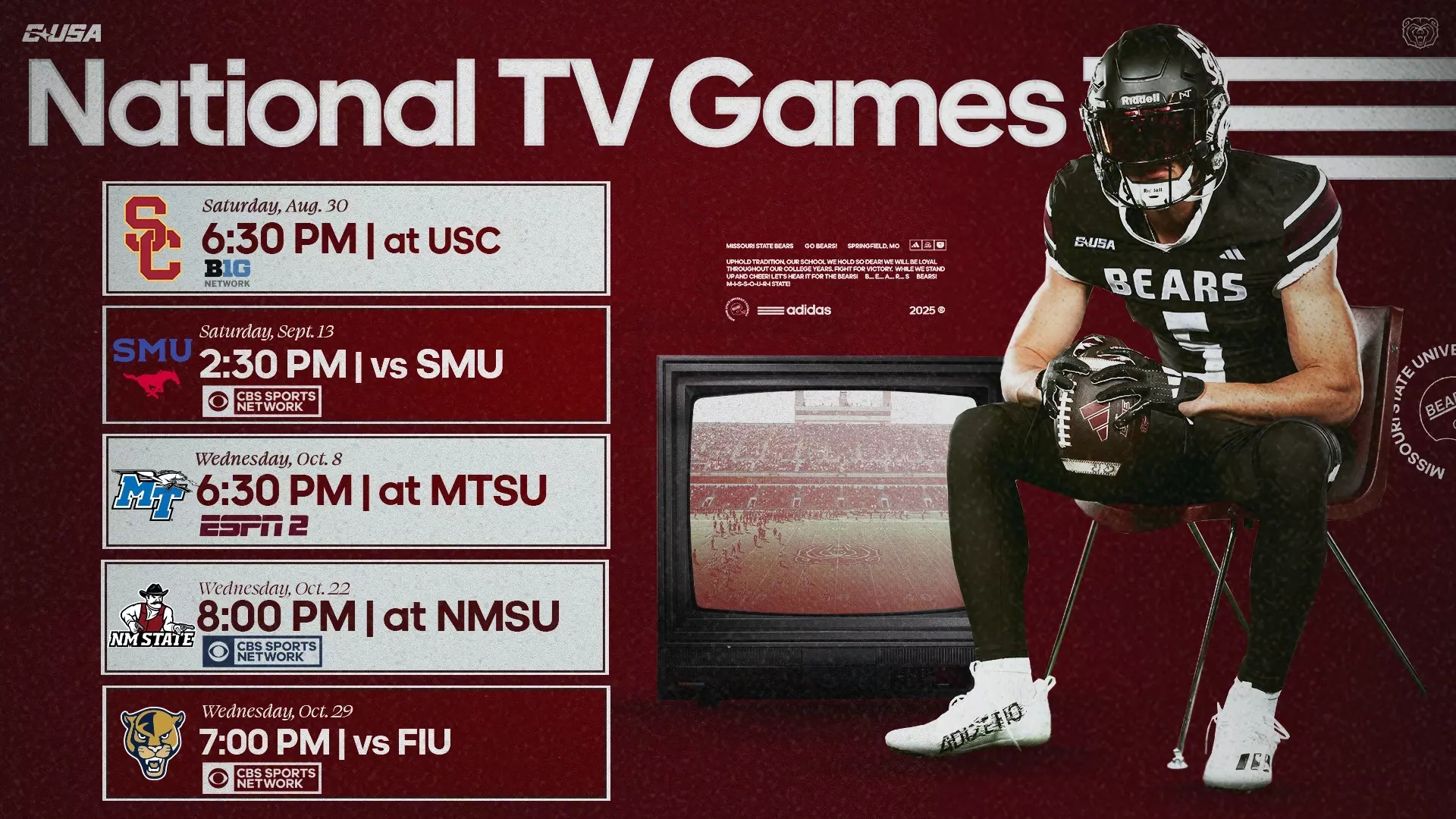 CUSA Announces National TV Games And Football Start Times Missouri State