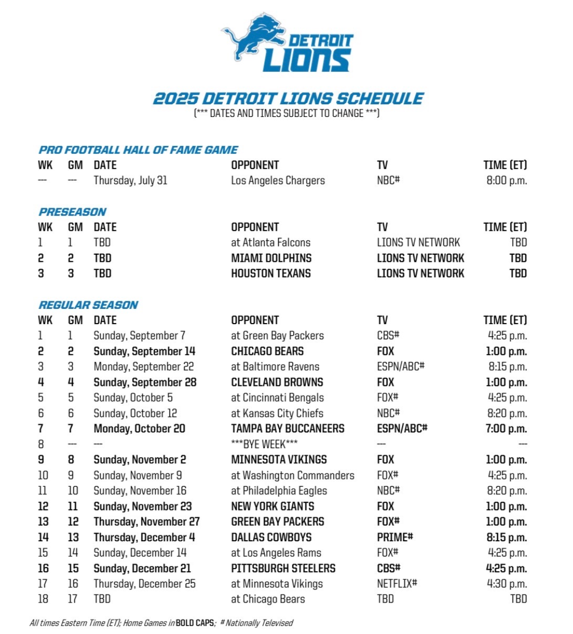 Detroit Lions 2025 Schedule Features 12 National TV Games Detroit Lions 2025 Schedule Features 12 National TV Games