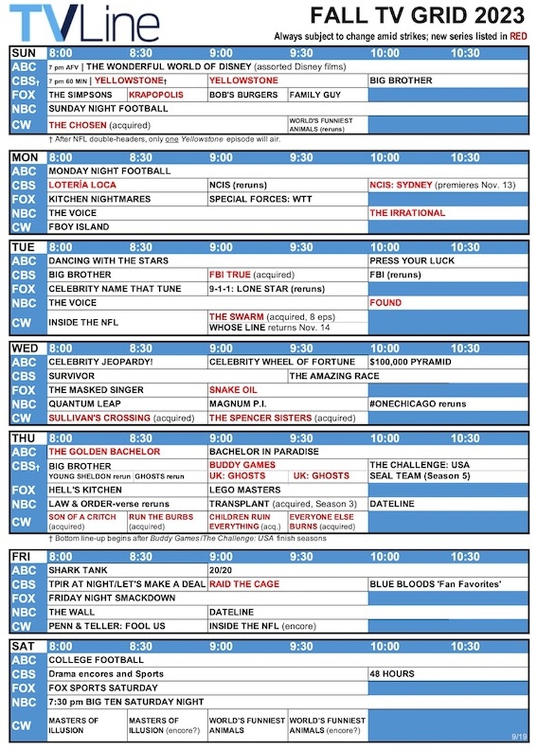 Fall TV Schedule 2023 Network TV Grid ABC CBS Fox NBC The CW Fall TV Schedule 2023 Network TV Grid ABC CBS Fox NBC The CW