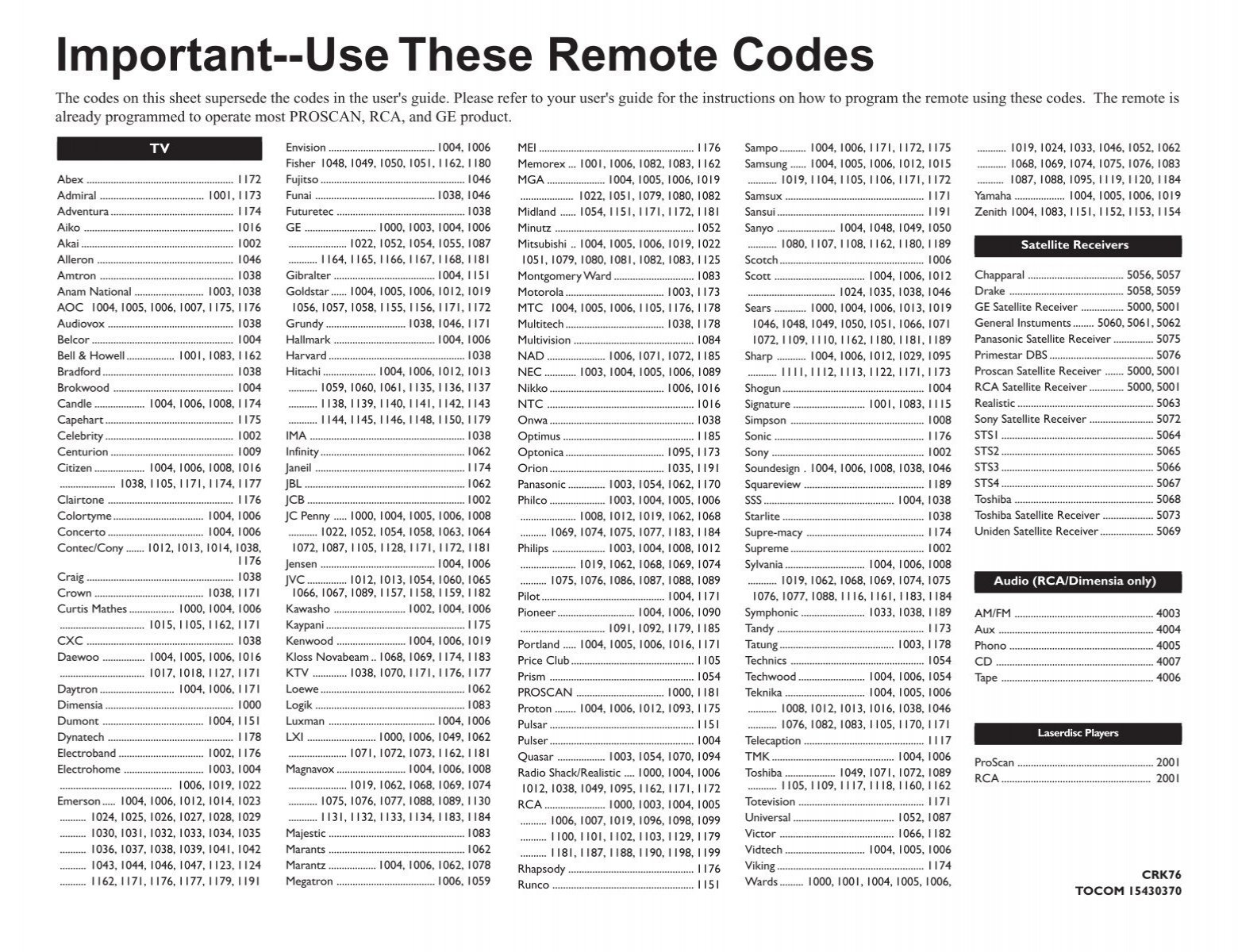 Important Use These Remote Codes DirecTV Important Use These Remote Codes DirecTV