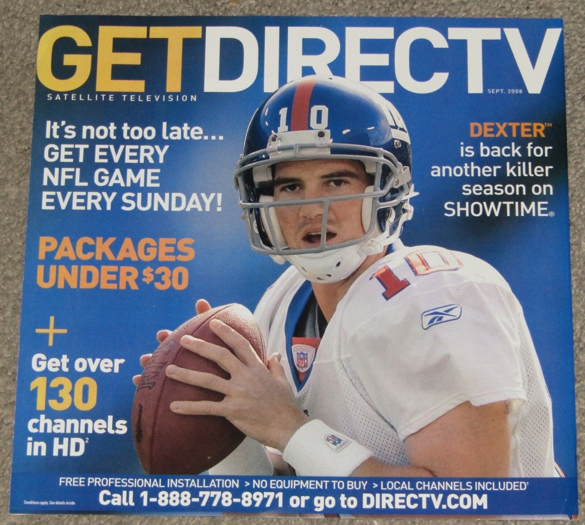 NEW YORK GIANTS ELI MANNING 10x10 inch 2008 DIRECTV Color Ad FREE SHIPPING EBay
