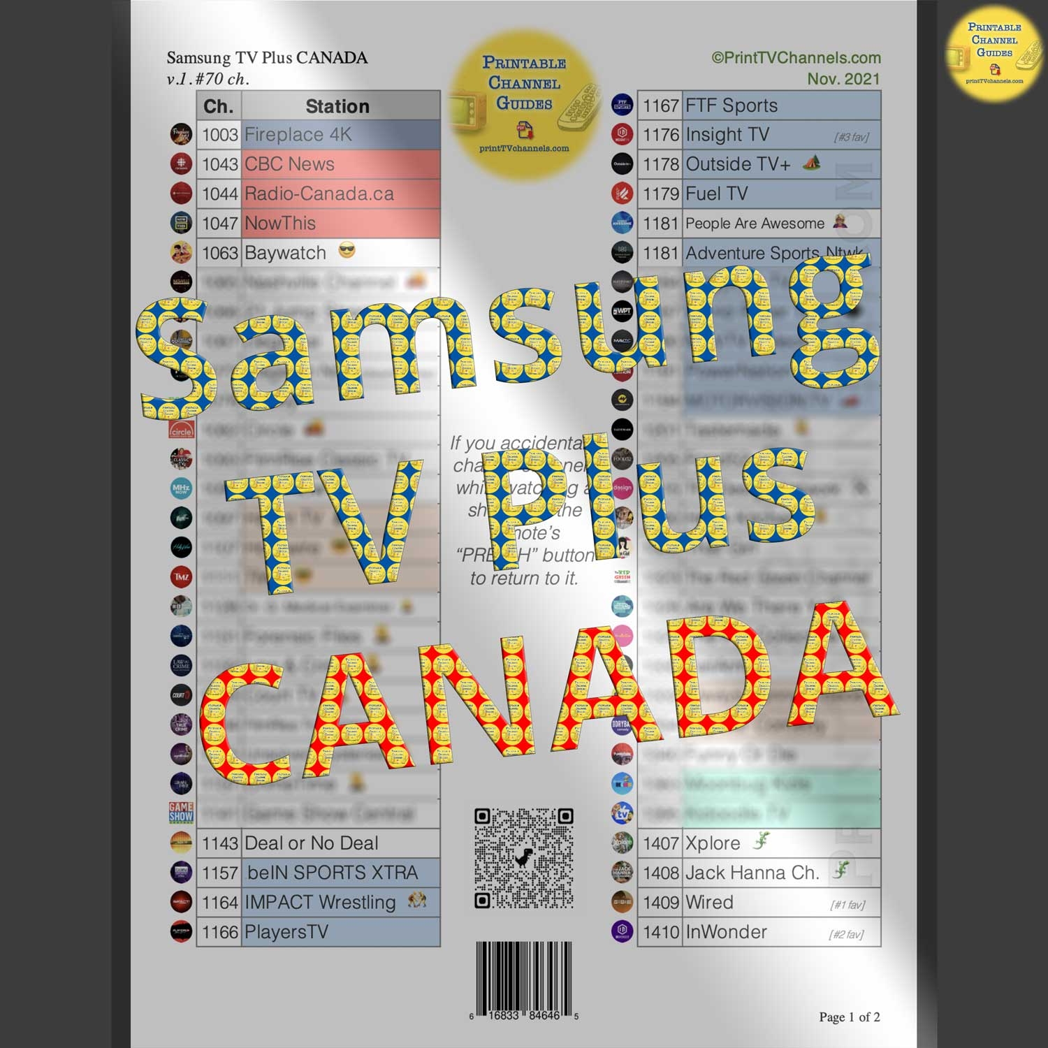 Samsung TV Plus Stations CANADA 2021 Free Printable PDF