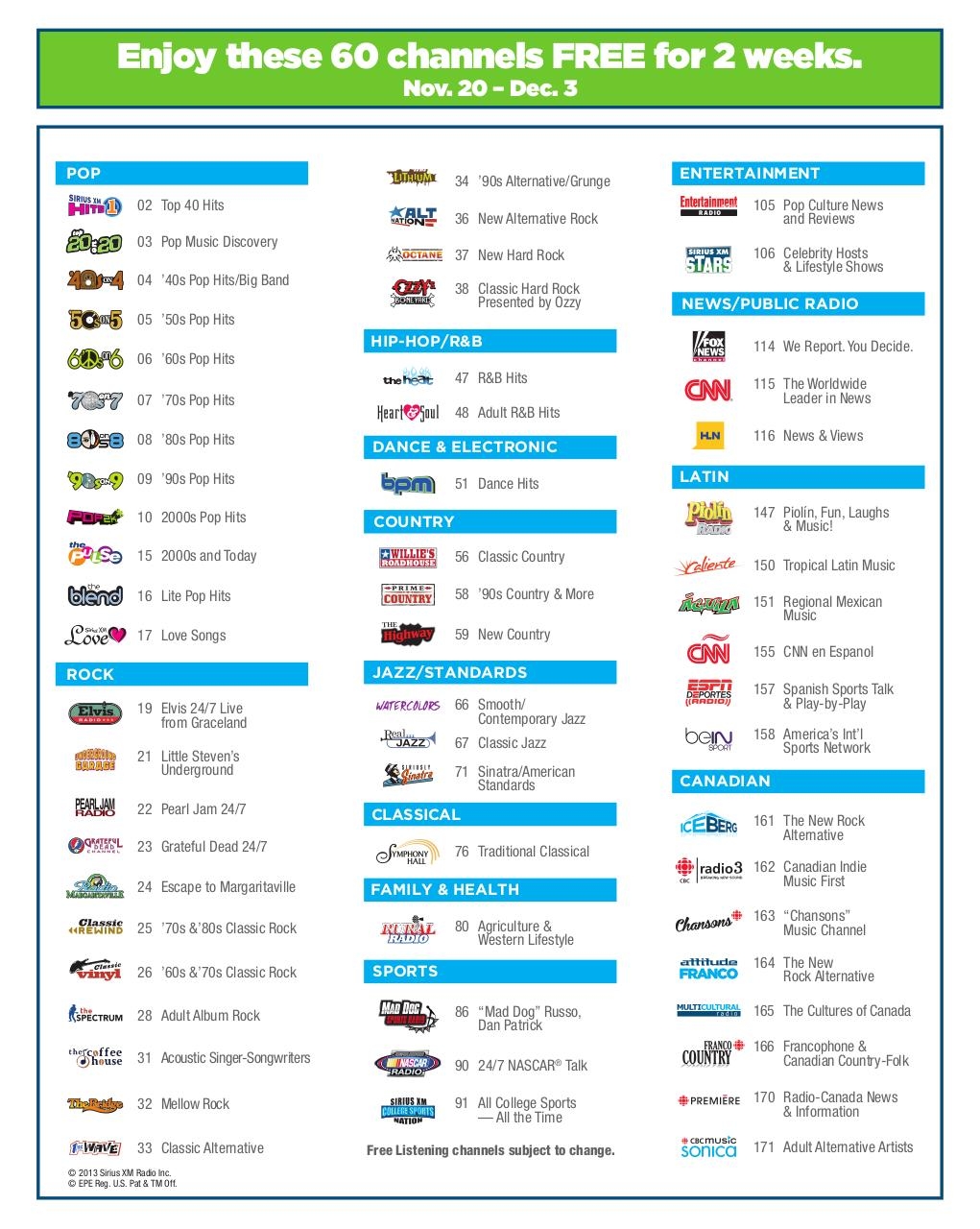 Siriusxm Channel Lineup Printable Printable
