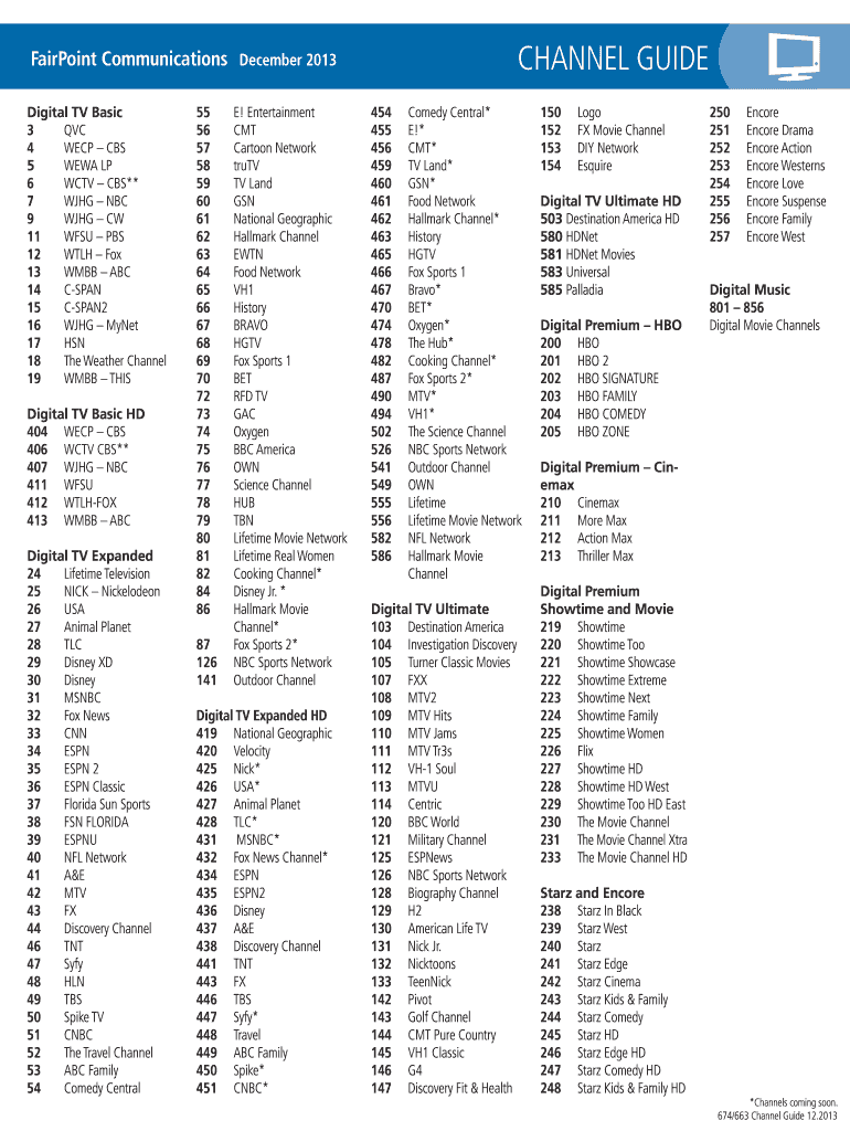 Spectrum Channel Numbers Fill Online Printable Fillable Blank PdfFiller