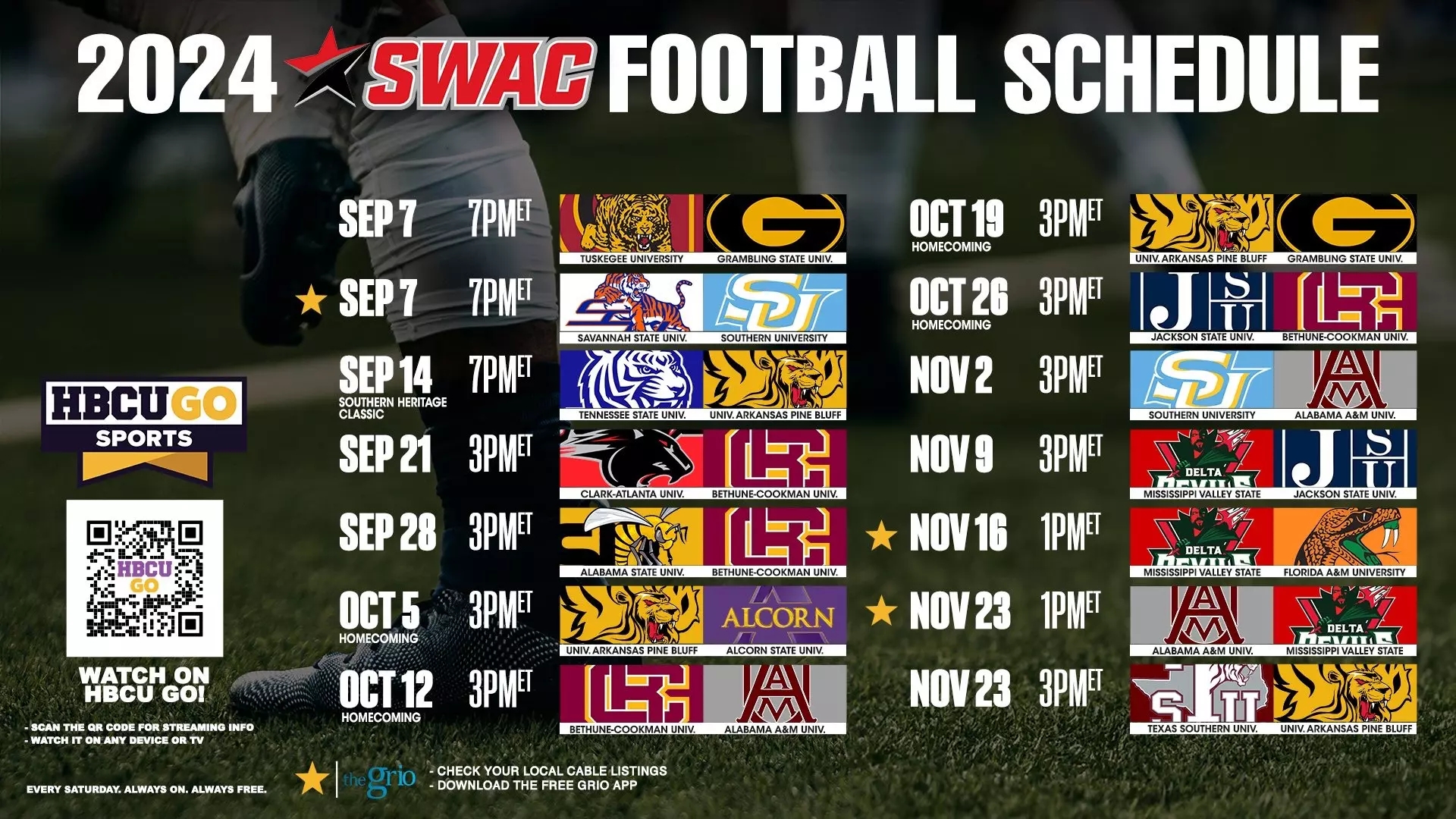 SWAC ANNOUNCES 2024 HBCU GO FOOTBALL SCHEDULE RELEASE Mississippi Valley State University Athletics SWAC ANNOUNCES 2024 HBCU GO FOOTBALL SCHEDULE RELEASE Mississippi Valley State University Athletics