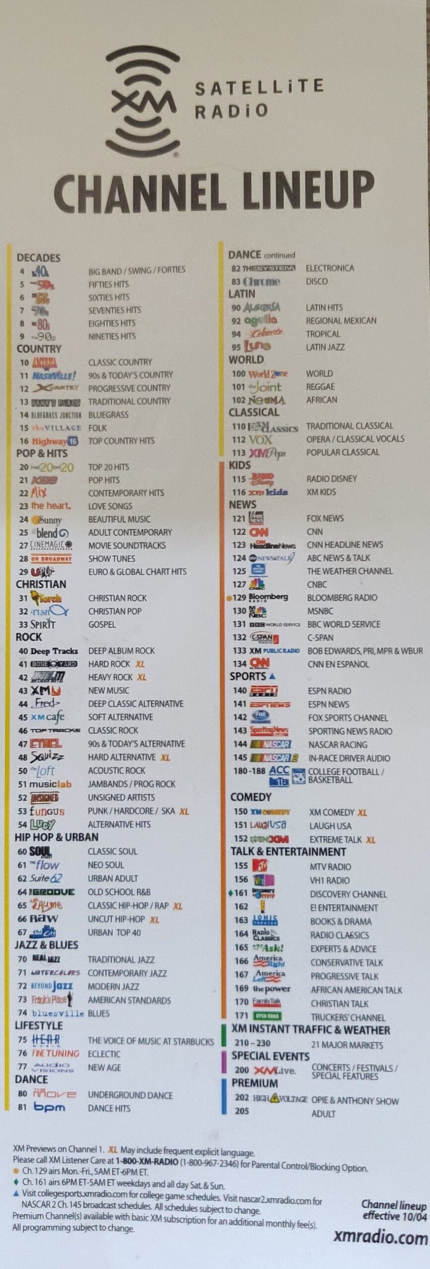channel guide sirius xm radio