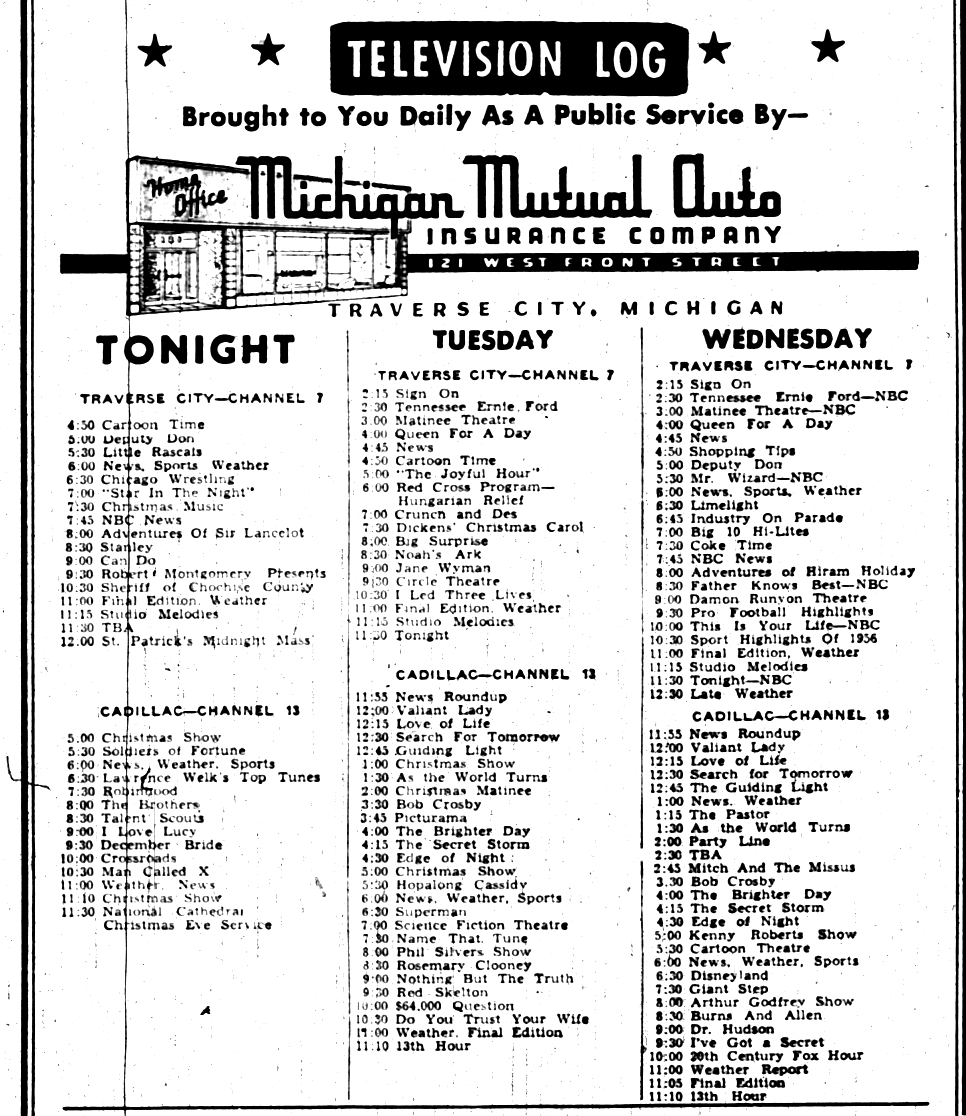 Television Log Traverse City Record Eagle December 1956 Grand Traverse Journal