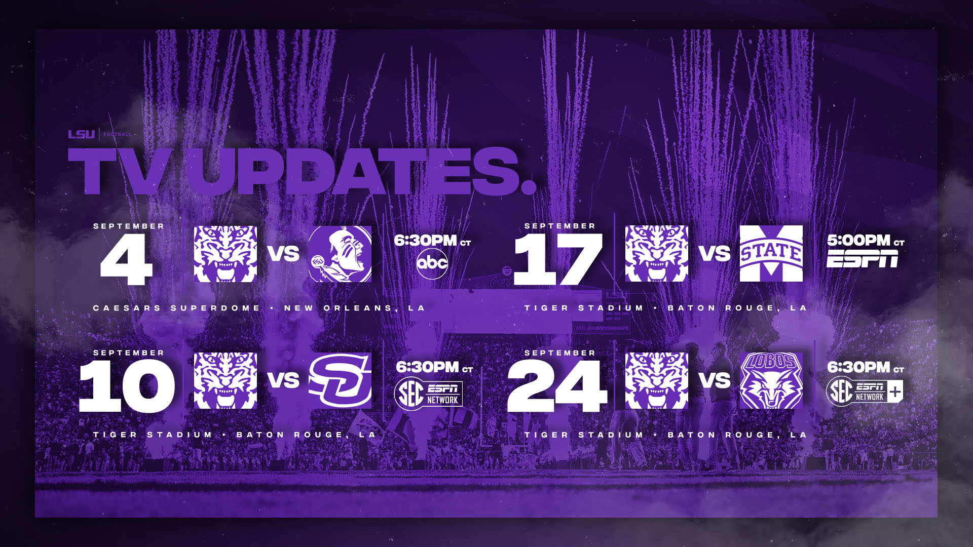 Times TV Networks Announced For September Football LSU Times TV Networks Announced For September Football LSU