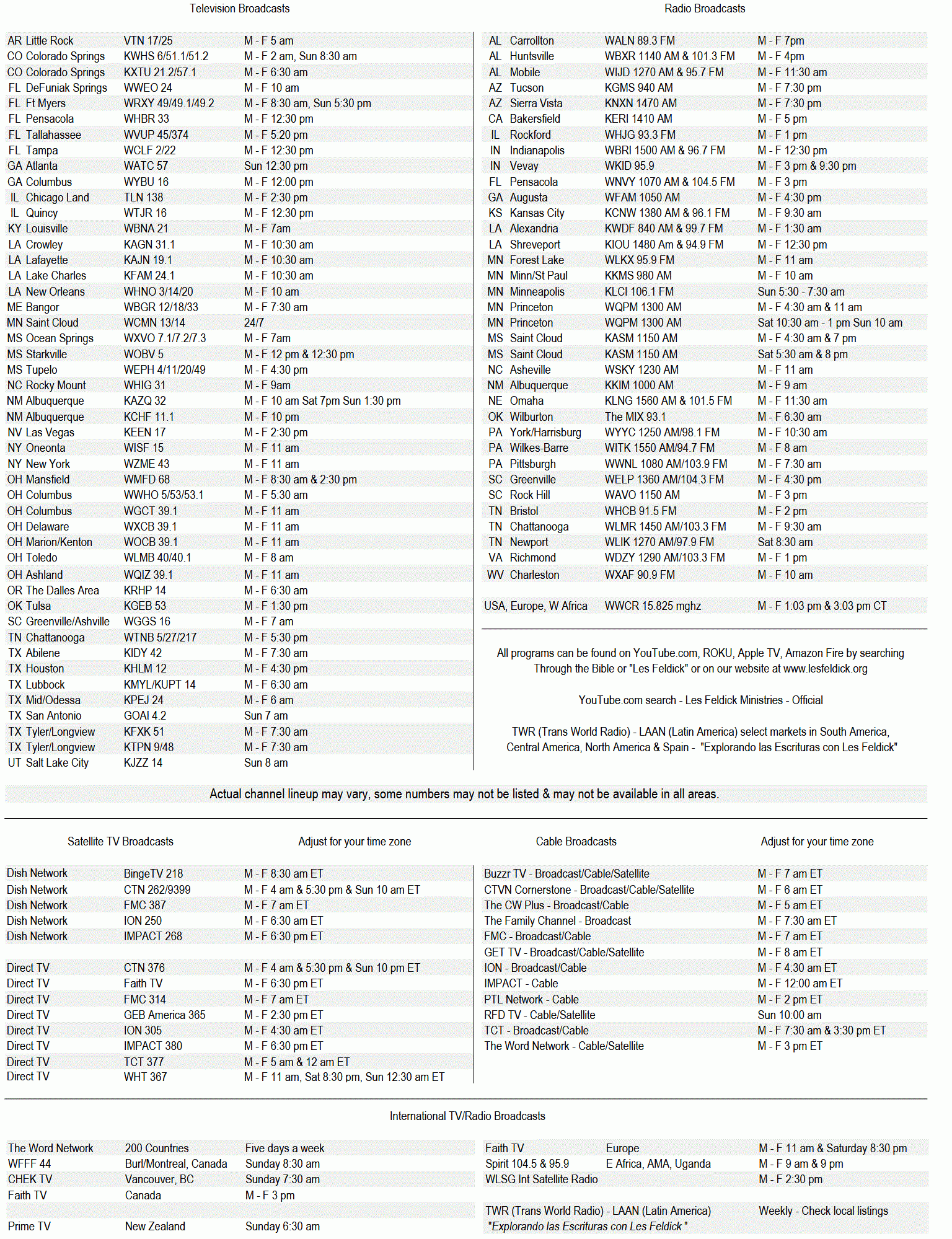 TV And Radio Schedule For Through The Bible With Les Feldick TV And Radio Schedule For Through The Bible With Les Feldick